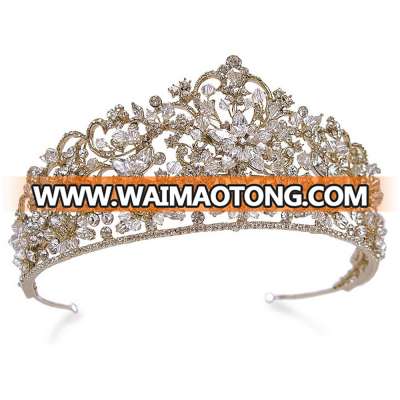 Custom Made Fashion Crystal Flower Gold Crown Wedding Bridal Tiara